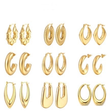 Collection of nine gold titanium steel earrings in hoop, rope, and teardrop designs