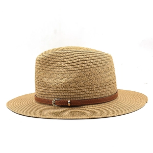 Natural straw Panama hat with brown leather belt and gold buckle for summer holidays