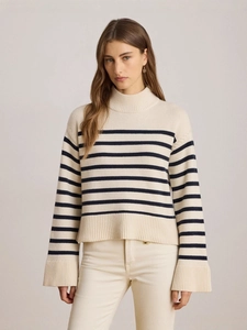 Chic cream and navy striped oversized turtleneck knit sweater with long sleeves