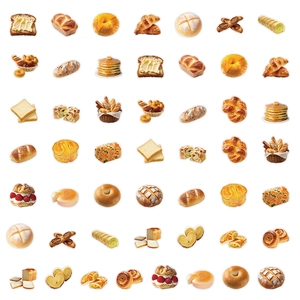 Macro view of 40+ vintage watercolor bakery stickers featuring golden croissants and bagels
