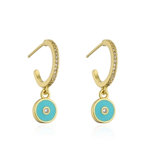 Detail of 18K gold-plated hoop earrings with blue enamel eye pendant and zircon stones