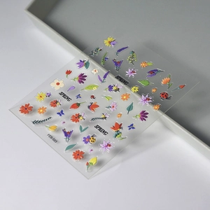 5D Spring nail stickers featuring colorful floral patterns, bees and ladybugs on transparent film