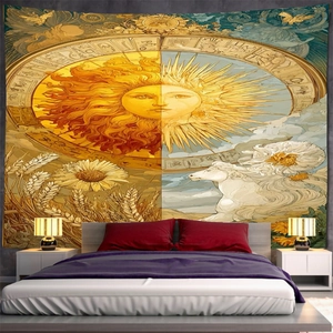 Detail of astrology tapestry featuring a sun motif and zodiac signs in a cozy bedroom