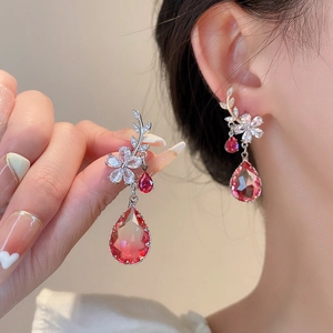 Vintage floral leaf earrings with red teardrop crystals and sparkling zircon accents