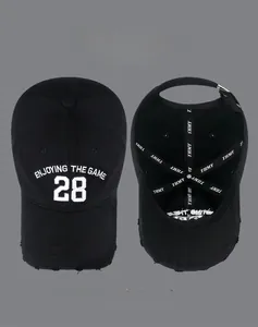 Detail of embroidered number 28 baseball cap with distressed brim and multiple color options