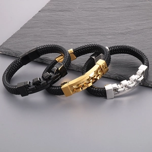 Men's braided leather bracelet with stainless steel hollow buckle in black, gold, and silver