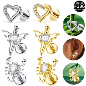 Orecchino Labret in Lega di Titanio ASTM F136 Cuore Scorpione Pugnale Ala con Strass Intarsiato Piercing per Labbro e Cartilagine