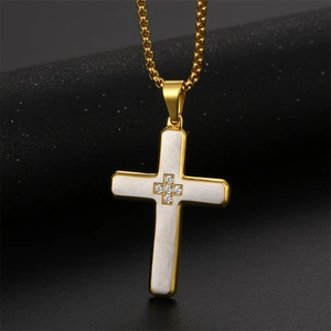 Gold and silver cross necklace for men with sparkling center crystal on a box chain