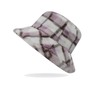 Winter plaid lamb wool bucket hat in pink and white shown from a 45-degree angle