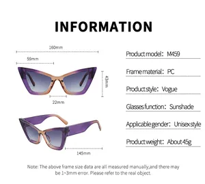 Detailed size chart for oversized cat eye sunglasses showing lens and frame dimensions