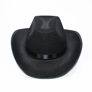 Classic black western cowboy hat with wide brim and decorative satin band on white background