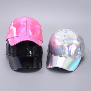 Three holographic laser PU baseball caps in pink, black, and silver with metallic finish