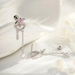 Silver crescent moon star earrings with pink flower and dangling tassel chain