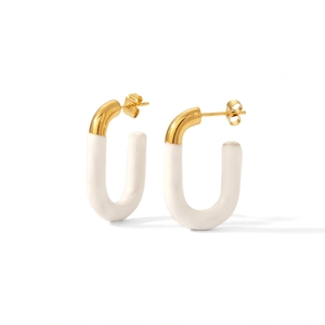 Close-up of U-shaped earrings featuring 18K gold plating and white enamel drip oil finish