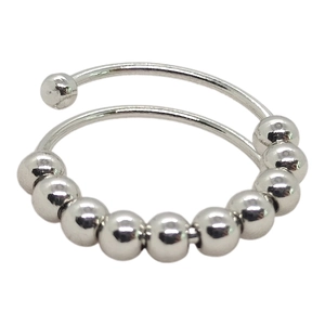 Detail of silver spiral open ring featuring ten sliding beads for anxiety relief