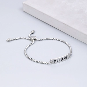 Adjustable stainless steel box chain bracelet featuring a BELIEVE engraved metal plaque