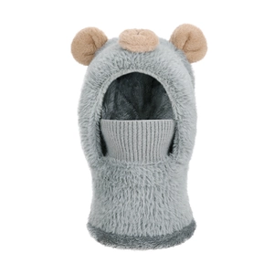 Plush 3-in-1 gray winter bear ear balaclava hat with integrated neck warmer and face cover