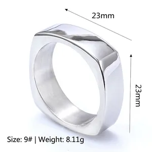 Minimalist square stainless steel ring with polished finish and 23mm diameter profile