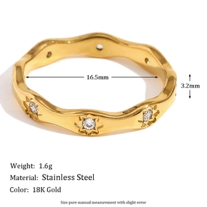 18K gold plated stainless steel wavy ring with star accent and detailed dimensions