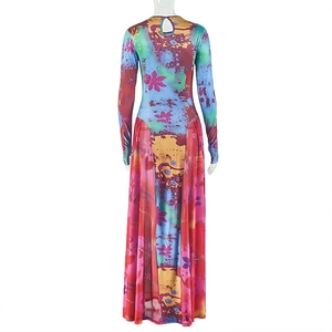 Detail of long sleeve dress featuring open back cutout and abstract print mesh fabric