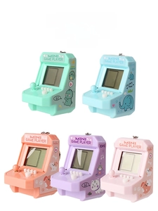 Detailed view of five mini retro arcade game console keychains in pastel macaron colors