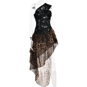 Detail of one-shoulder black lace top and multi-layered leopard print asymmetric skirt
