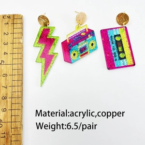 Retro neon acrylic earrings set featuring lightning, radio, and cassette tape shapes