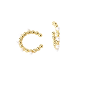 Gold-plated C-shaped ear cuff featuring a beaded texture and inlaid white pearls
