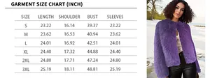 Detailed size chart for women's faux fur jacket with inch measurements for S-3XL sizes