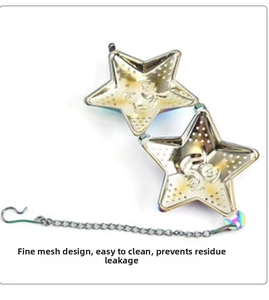 Macro detail of star-shaped stainless steel tea infuser with fine mesh and hanging chain