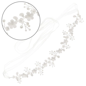 Elegant bridal headband with white ceramic flowers and pearls on silver wire with ribbon