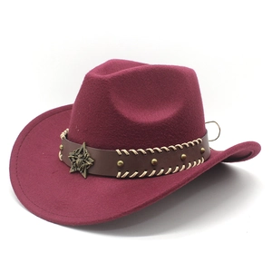 Classic burgundy western cowboy hat with brown leather band and metallic star badge
