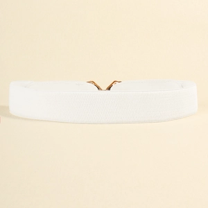 Detail view of white elastic wide belt featuring a textured surface and gold metal buckle