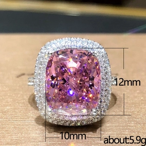 Elegant square pink zirconia ring with micro-pave setting and 12mm x 10mm center stone