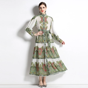 Vintage court style floral maxi dress with long sleeves and belted waist in white