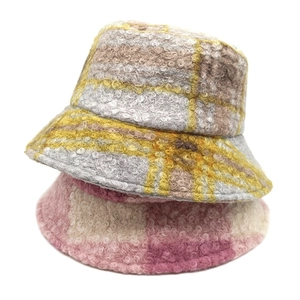 Winter plaid teddy fleece bucket hats in yellow-grey and pink-purple colors