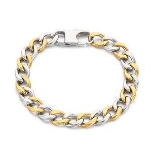 Men's 9mm stainless steel two-tone gold and silver NK link bracelet with square clasp