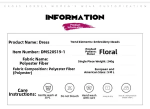 Detail specifications for long-sleeve mesh floral sequin gown with care instructions