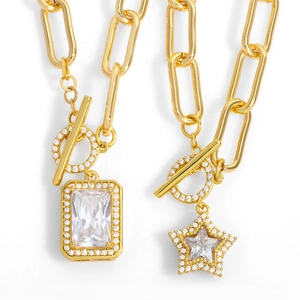 Collier En Cuivre Plaqué Or Avec Pendentif En Zircon Chaîne Trombone Fermoir Cabillot Bijoux De Mode Pour Femmes