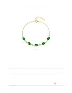 Detail view of S925 sterling silver gold bracelet with emerald green stones and 16+3cm chain