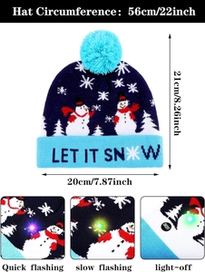 Detail of LED knit Christmas hat sizing and three lighting modes for cold weather
