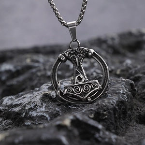 Mjolnir Viking Hammer Pendant Necklace Stainless Steel Rune Retro Polished Nordic Amulet Jewelry For Men