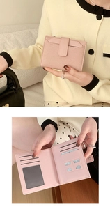 Pink PU leather short wallet showing interior card slots and fold-out compartments