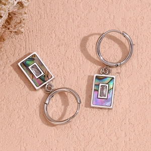 Silver stainless steel hoop earrings with rectangle abalone shell and zircon pendant