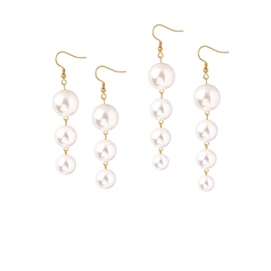 Vintage Elegant Faux Artificial Pearl Long Dangle Drop Earrings For Women Copper Gold Plated Graduated Round Beads Jewelry