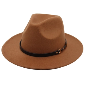 Classic tan wool fedora hat with wide brim and black leather belt buckle band
