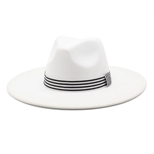 White wide brim fedora wool hat with stylish black and white striped ribbon band decor