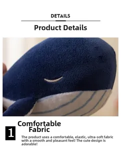 Close-up of cute blue whale plush toy showing soft stretch fabric and fine stitching