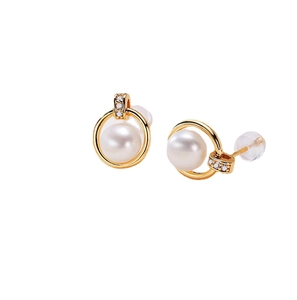 Elegant gold pearl hoop earrings with zircon accents on a clean white background