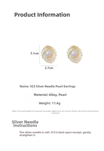 Detail showing gold spiral design pearl earrings with dimensions of 3.1cm x 2.7cm